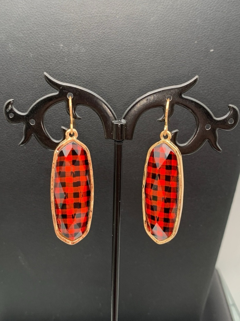 Red Plaid Drop dangle Earrings - Gold toneTrim